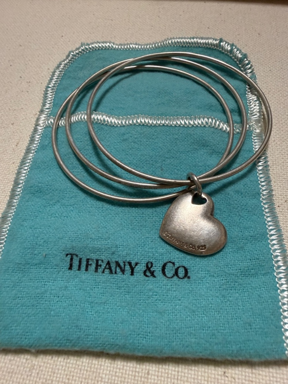 Tiffany & Co. Sterling Silver 925 Three Bangle Bracelet W/Heart Charm W/Pouch - Picture 6 of 16